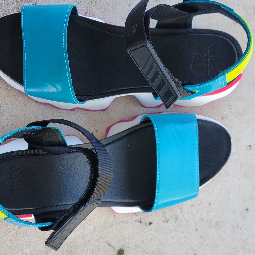 SOREL Women's Kinetic Sports Sandals Size 8 Leather Scalloped Sole Spring Aqua - Picture 8 of 10
